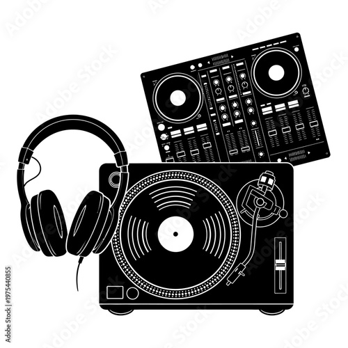 DJ Turntable, Mixer, and Headphones Silhouette - Music Production and Entertainment