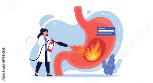 Female doctor in a white coat using a fire extinguisher to put out a fire inside a giant stomach model for acid reflux treatment.