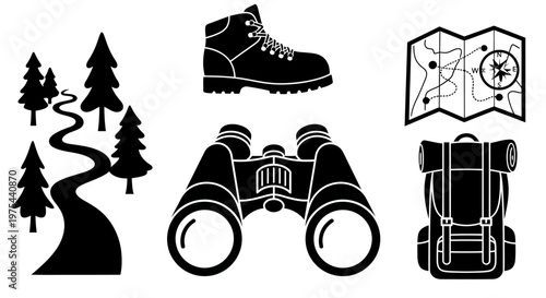 Hiking Gear Collection: Backpack, Boots, Binoculars, Map, and Forest Path Icons