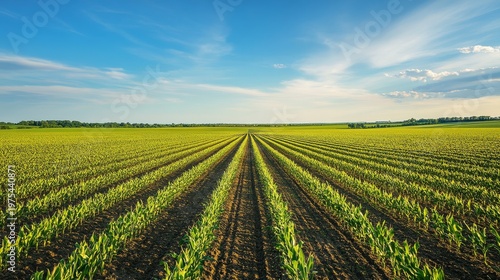 Wide-angle landscape of neat rows of corn sprouts in an expansive field, horizon stretching with flat terrain and soft blue sky