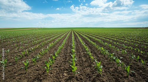 Wide-angle landscape of neat rows of corn sprouts in an expansive field, horizon stretching with flat terrain and soft blue sky
