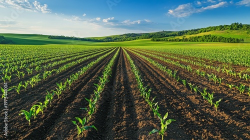 Symmetrical crop field with fresh corn seedlings aligned in long straight furrows, distant tree line and gentle hills framing the scene