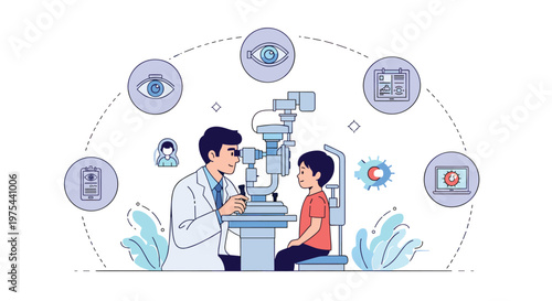 Pediatric ophthalmologist using a slit lamp machine to examine a young boy's eyes in a clinic surrounded by medical icons.