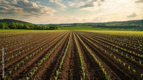 Symmetrical crop field with fresh corn seedlings aligned in long straight furrows, distant tree line and gentle hills framing the scene
