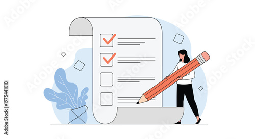 Woman using a giant orange pencil to check off boxes on a very long white document scroll for project management and tasks.