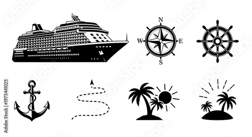 Cruise Ship and Nautical Icons: Anchor, Compass, Helm, Tropical Island, Route