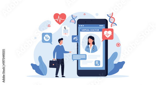 Businessman with a briefcase talking to a female doctor on a giant smartphone screen for a virtual medical consultation.