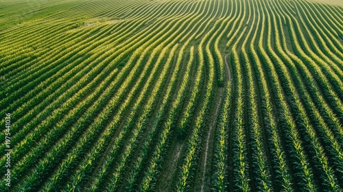 Aerial panorama of young corn fields showing repetitive green pattern across large farmland, alternating rows and clear signs of irrigation channels