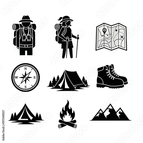 Hiking and Camping Icons: Backpack, Tent, Compass, Boots, Map, Fire, Mountains