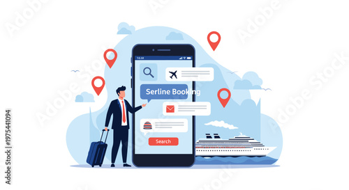 Businessman with suitcase booking cruise ship and flight tickets via smartphone app with location pins and clouds.