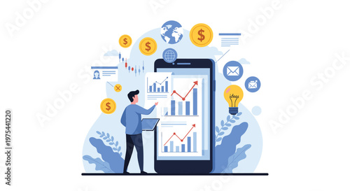 Financial analyst examining stock market trends and data charts on a giant smartphone screen surrounded by coins.