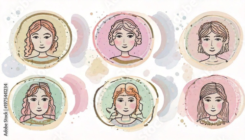 Artistic portraits of women with various hairstyles and expressions.