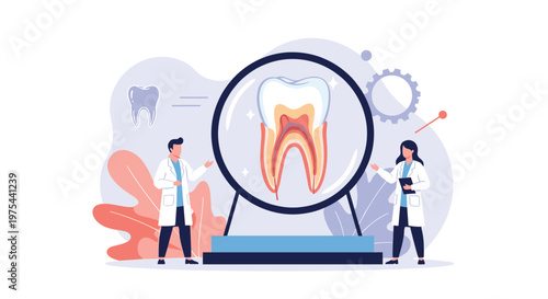 Medical professionals examining a detailed cross-section of a human tooth inside a magnifying glass for dental research.