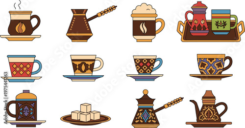 Arabic Coffee Set Vector Traditional Middle Eastern Tea Cups and Dallah Illustration