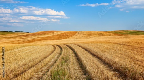 Scenic prairie landscape showing partially cut wheat field with tractor tracks and standing stalks, Alberta s rolling terrain and open sky