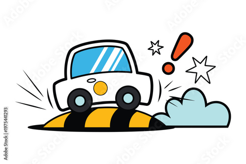 Road safety notice, minimal sign showing a speed bump icon with abstract braking lines around a small car, informative and friendly atmosphere, modern flat design