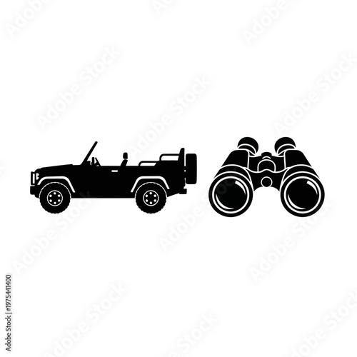Off-road vehicle and binoculars for adventure and exploration
