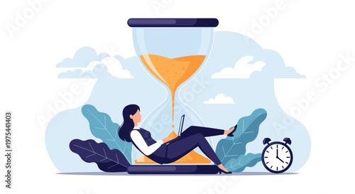 Freelance woman working on her laptop while sitting inside a giant hourglass to represent time management and deadlines.