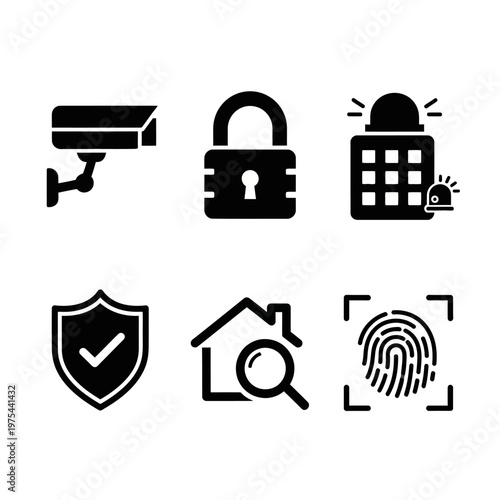 Security Icons: Surveillance Camera, Padlock, Alarm, Shield, House Search, Fingerprint