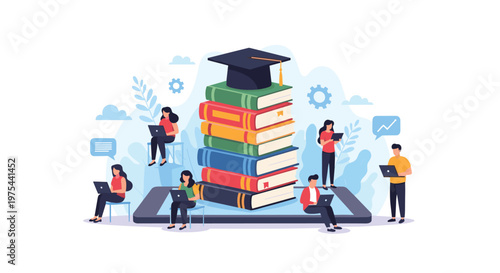 Group of students using laptops around a tall stack of books with a graduation cap representing digital learning.