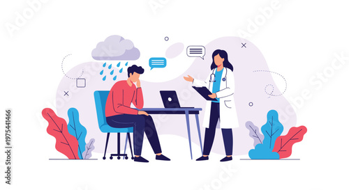 Doctor talking to a depressed man sitting at a desk under a raining cloud representing mental health consultation.