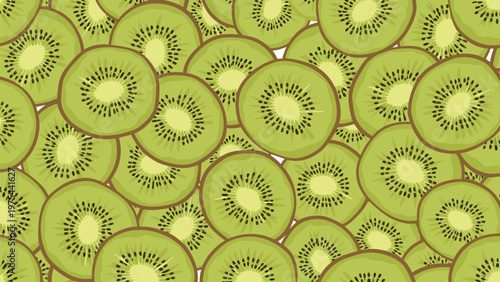 Seamless pattern featuring numerous slices of fresh green kiwi fruit with their characteristic black seeds and light center.