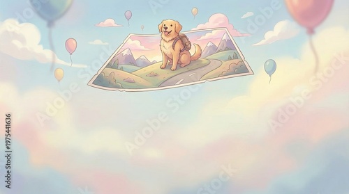 Adorable Dog Traveling in CGI Landscape with Balloons, Pet-friendly travel