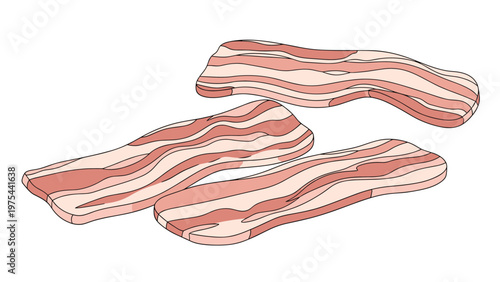 Three slices of raw streaky bacon showing layers of pink meat and white fat arranged on a plain white background.