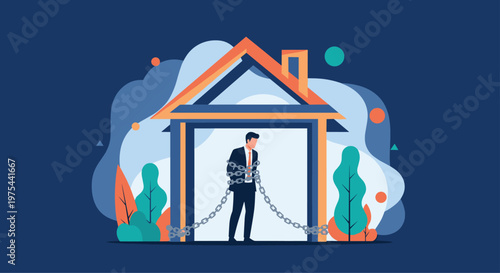 Professional man in a suit standing inside a house frame while being tied up with heavy metal chains and padlocks.