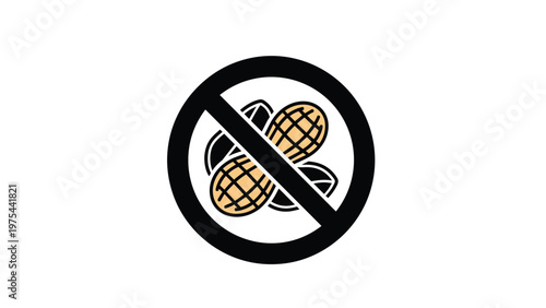 Universal prohibition sign with a black circle and diagonal slash over a group of peanuts indicating a nut-free zone.