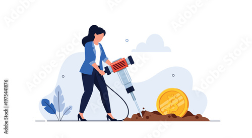 Businesswoman using a jackhammer to mine a giant bitcoin from the ground representing cryptocurrency mining.