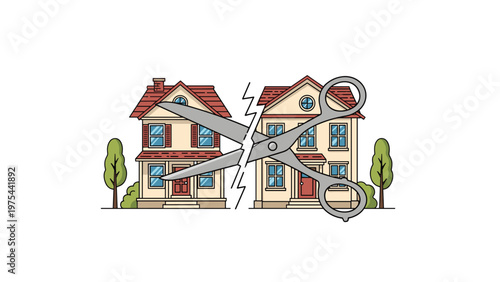 Conceptual illustration of a suburban neighborhood where two houses are being separated by a giant pair of silver scissors.