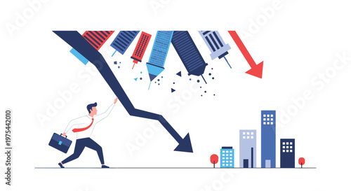 Businessman trying to stop a falling downward arrow while city buildings in the background are also crashing down.