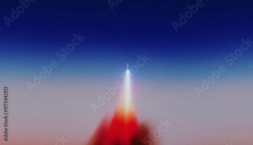 A rocket ship blasting off into a vibrant blue and purple sky with a bright light trail