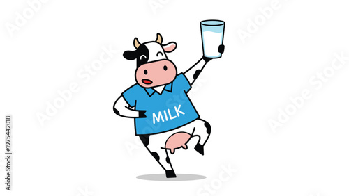 Happy cartoon cow wearing a blue shirt with the word MILK dancing while holding up a tall glass of fresh white milk.