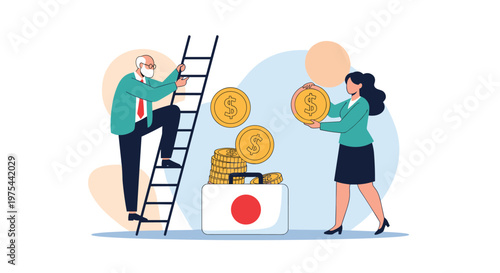 Elderly man on a ladder and a young businesswoman placing dollar coins into a briefcase showing financial planning and retirement.
