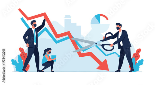 Business team uses giant scissors to cut through a falling red trend line arrow to symbolize successful crisis management strategies.