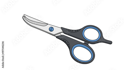 Professional silver scissors with black and blue ergonomic handles open and ready for use on a plain white background.