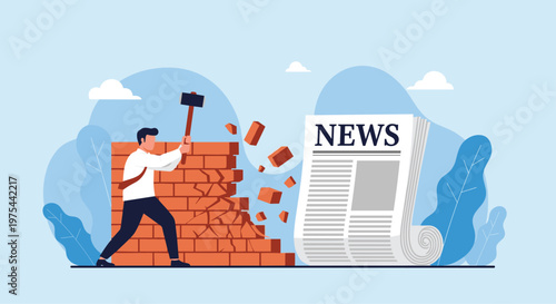 Strong man uses a sledgehammer to break down a brick wall to reveal a newspaper symbolizing the uncovering of truth and news access.