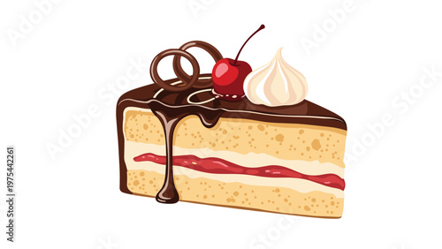 Mouth-watering slice of layered sponge cake with cream and jam, topped with chocolate glaze, a cherry, and meringue.