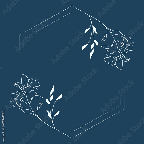 Floral polygon hand drawn style. Floral navy frame of twigs, leaves and flowers. Frames for Valentine’s Day, wedding decor, logo and identity template.