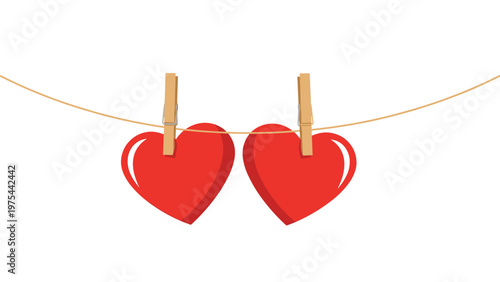 Two bright red hearts hanging on a clothesline with wooden pegs against a clean white background, representing love, romance, and care.