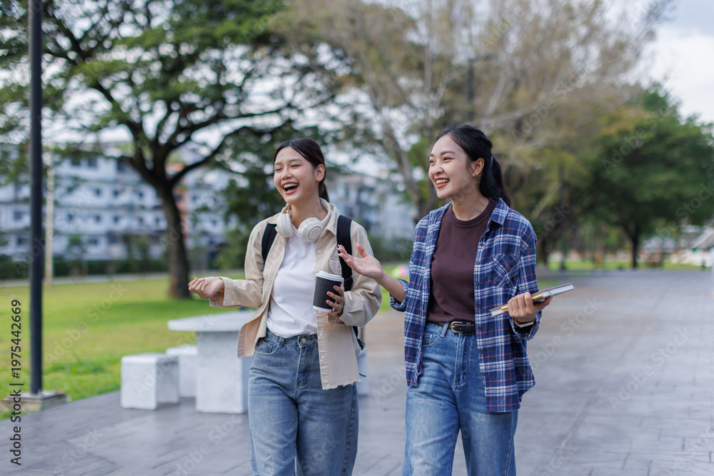 Fototapeta premium Asian college students walking and laughing on campus
