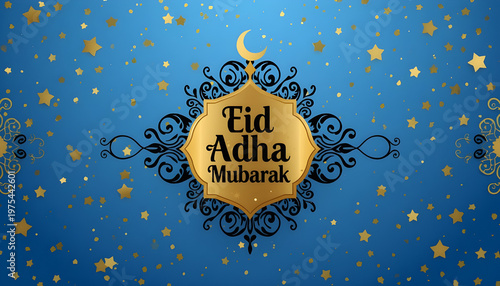 A festive Eid Adha Mubarak greeting card with a gold and blue design