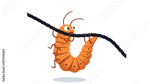 Funny cartoon caterpillar climbing up a black rope against a white background, great for children's stories and insect-themed art.