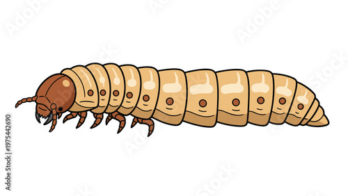 Detailed illustration of a grub or beetle larva showing its segmented body and legs, perfect for entomology and biological education.