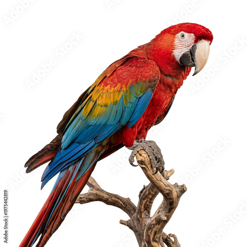 Quadro su tela Close-up photograph of a vibrant scarlet macaw parrot perched on a branch, showcasing its colorful plumage