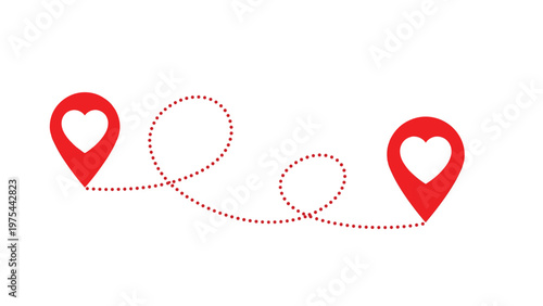 Two red heart-shaped location pins connected by a dotted path, representing long-distance relationships, travel, and romantic journeys.