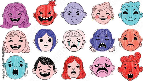 Hand drawn doodle portraits depicting childhood feelings