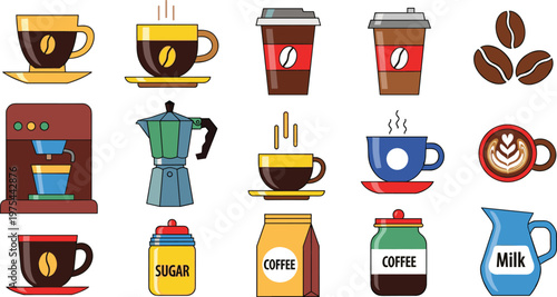 Coffee Drink Vector Set Cups Machines Beans and Brewing Equipment Illustration